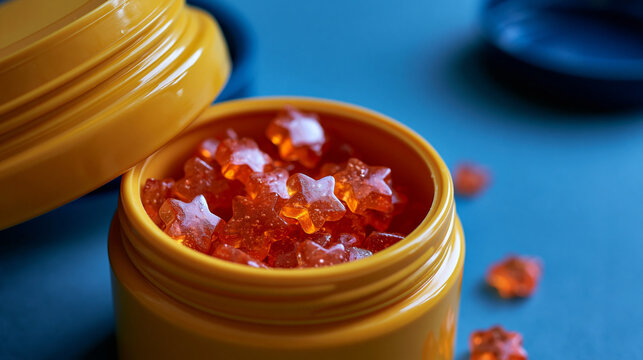 An open yellow jar revealing orange star shaped gummies inside against a blue backdrop, gummy vitamins, yellow jar, orange stars, blue backdrop, kids supplements, children health,