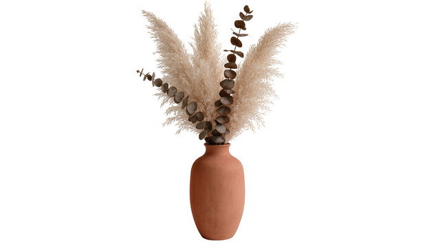 Terracotta vase with dried pampas grass and eucalyptus leaves, isolated on transparent background