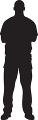 The black silhouette of a man in casual clothing, with arms crossed, stands facing forward against a plain white backdrop. © IconicWave