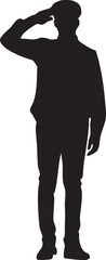 Fototapeta premium The black silhouette of a man in a jacket and cap, giving a crisp salute with his right hand against a white background.