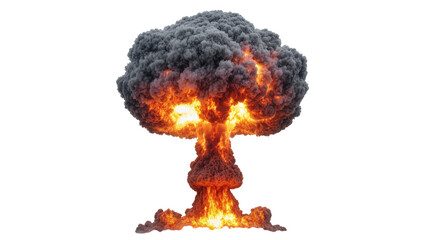 Massive nuclear mushroom cloud explosion with intense fire and dark smoke, isolated on transparent background © Aliona