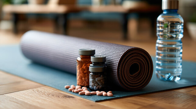 A rolled yoga mat, supplement bottles and a water bottle arranged neatly on a wooden floor, yoga mat, supplement bottles, water bottle, wellness flat lay, healthy lifestyle,