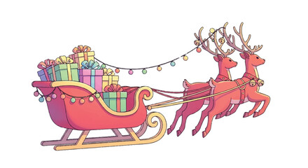 Naklejka premium Santas Sleigh Pulled by Reindeer Laden with Gifts.