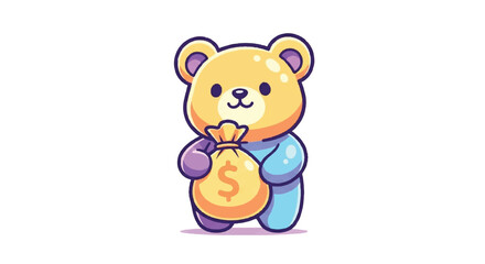 Fototapeta premium Cute cartoon teddy bear holding a money bag with a dollar sign.