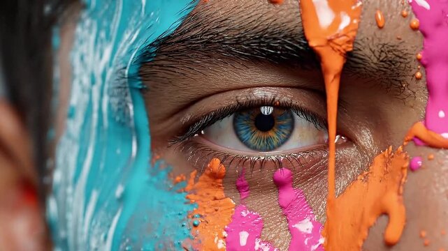 Man with colorful paint on face expressing creativity and emotion  