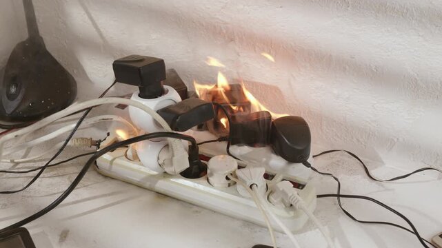 Overloaded power cube strip burns with open flame and smokes in room with electrical plugs in sockets.