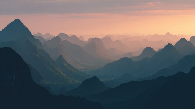 夕焼けに染まるカルスト地形の幻想的な山岳風景