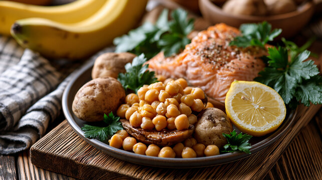 A flat lay of vitamin b6 rich foods including bananas, chickpeas, salmon and potatoes on a wooden surface, vitamin b6 sources, bananas, chickpeas, salmon, potatoes, flat lay, food