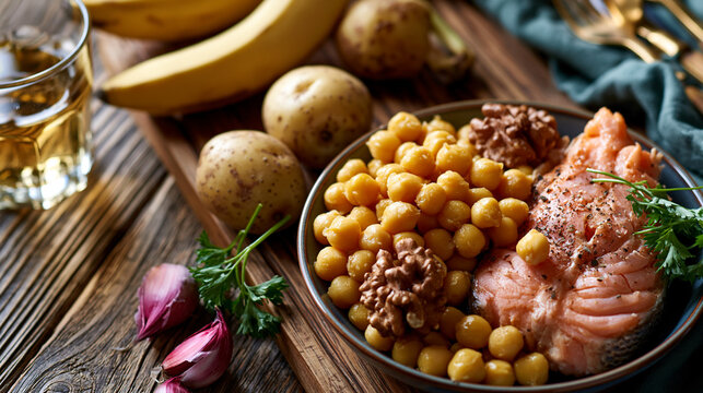 A flat lay of vitamin b6 rich foods including bananas, chickpeas, salmon and potatoes on a wooden surface, vitamin b6 sources, bananas, chickpeas, salmon, potatoes, flat lay, food