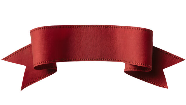 Crimson red satin ribbon banner with stitched edges, isolated on transparent background