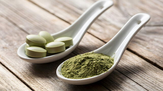 A spoonful of green powder and pills on a wooden table for healthy nutrition