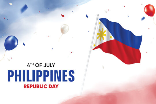 Philippines Republic Day. Philippines Flag Waving With Floating Balloons On Watercolor Grunge Backgorund Design Vector Illustration.