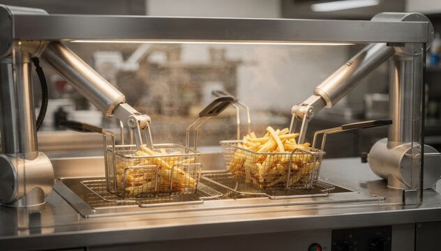 Medium shot of automated robotic arms lowering fry baskets into an enclosed fryer showcasing precise movement with a softly blurred background for focus.