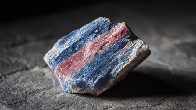 corundum. Raw corundum specimen with blue and red striations on rough stone. STEM education sheets, lab safety posters, designed for biotech research communications.