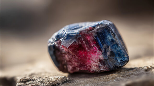 corundum. Raw corundum specimen with blue and red striations on rough stone. STEM education sheets, lab safety posters, designed for biotech research communications.