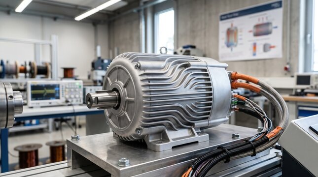 Medium shot of a compact energyefficient motor illustrating a redesigned form factor aimed at spacesaving integration and improved thermal management.