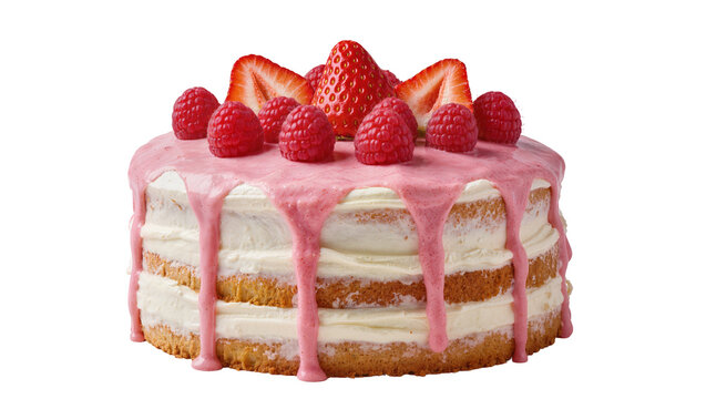 Naked cake with cream pink frosting strawberries and raspberries, isolated on transparent background