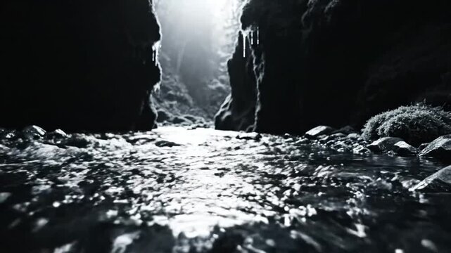 Black and white view of a flowing stream through a cave with light at the end