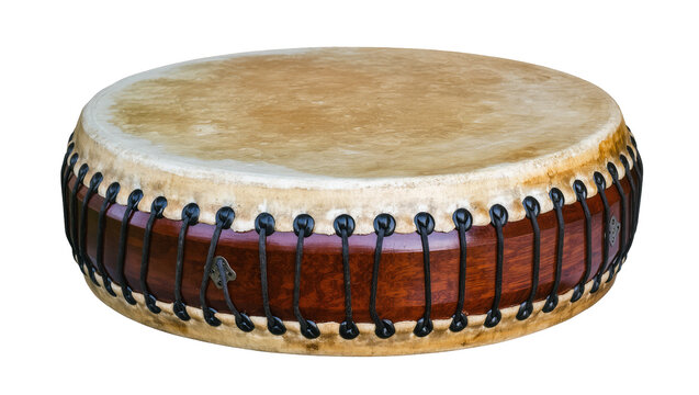 Traditional Japanese taiko drum with stretched animal hide head and wooden body, isolated on transparent background