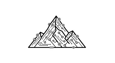 Fototapeta premium Abstract digital mountain range with circuit board patterns, symbolizing technology, innovation, data, connection, and nature.