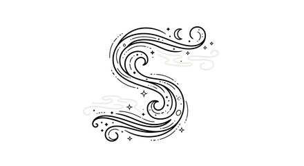Fototapeta premium Elegant ornate letter S formed by decorative swirling lines, stars, and subtle cloud elements. Artistic alphabet design vector.
