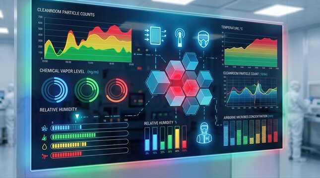 Medium shot of a digital dashboard with colorful alerts and statistical data visualizing contamination metrics to ensure strict cleanroom compliance and safety standards.