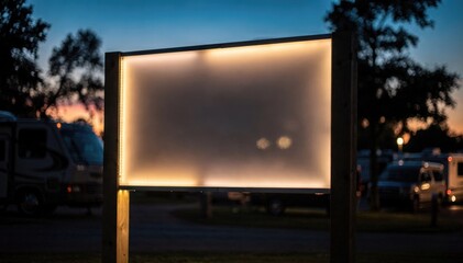 Fototapeta premium Backlit RV park entrance sign glowing against dusk with the signs illuminated text highlighted sharply and surroundings artistically out of focus.
