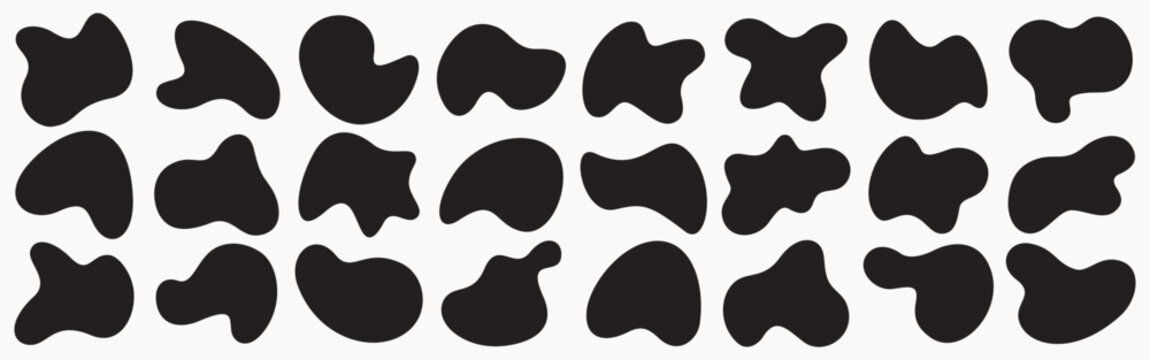 Big black Blob shape organic set. Random black cube drops simple shapes. Pebble, inkblot, drops and stone silhouettes. Collection of paint liquid black blotch spot irregular form