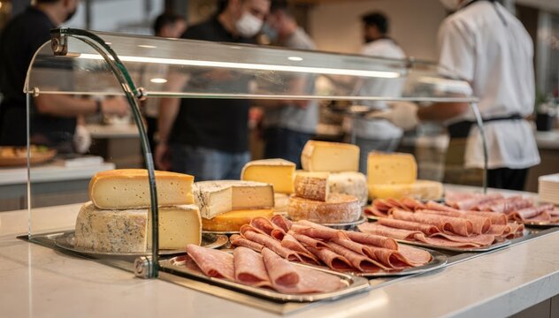 Curved glass sneeze guard elegantly encasing assorted cheeses and cold cuts at a buffet station with outoffocus diners creating a lively yet hygienic atmosphere.