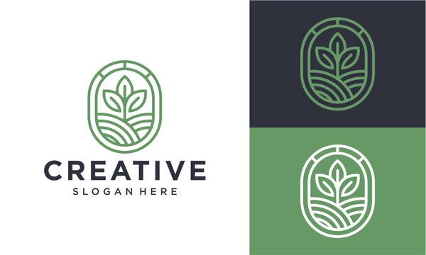 Minimalist line art logo design featuring abstract green leaves and fields within an elegant oval frame, symbolizing organic growth, nature, and sustainable agriculture