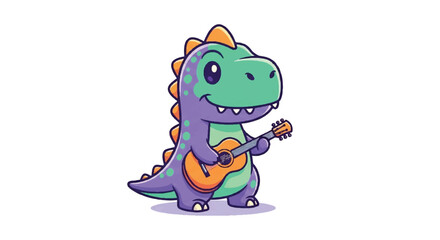 Obraz premium Cute Dinosaur Playing Guitar Cartoon Illustration.