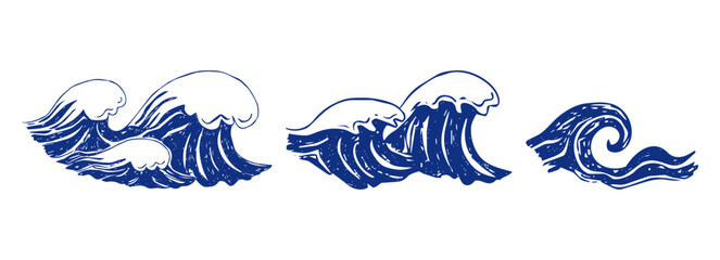 Obraz premium Summer beach sea waves, border set. Linocut wave silhouette crayon texture. Blue water waves, line sketch water with splash, ripple. 