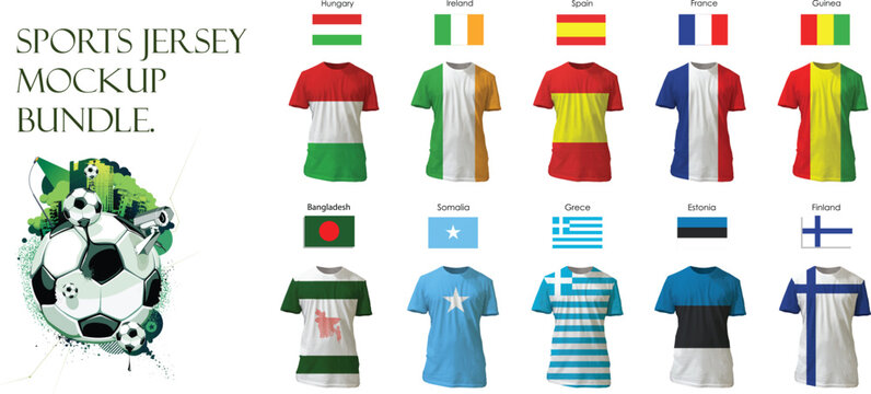 PrintTeam jersey mockup set with world flags and soccer branding apparel templates for athletic uniform design projects isolated on transparent background with detailed sport graphics.