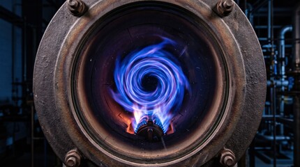 Fototapeta premium Medium shot of a burner flame pattern inspection through a viewing port highlighting the vibrant blue flame shape during functional test firing.