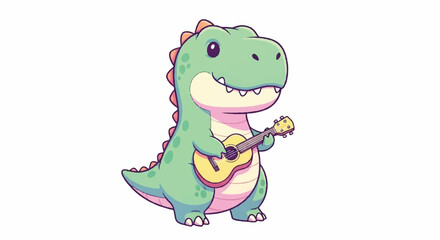 Obraz premium Cute cartoon dinosaur playing ukulele happy and fun illustration.