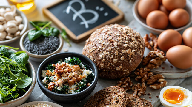 A top view of vitamin b complex foods including whole grains, leafy greens and eggs alongside a small chalkboard, vitamin b complex, natural sources, light background, chalkboard,