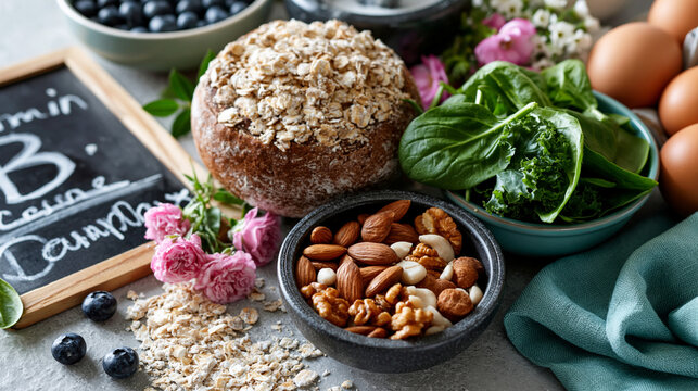 A top view of vitamin b complex foods including whole grains, leafy greens and eggs alongside a small chalkboard, vitamin b complex, natural sources, light background, chalkboard,
