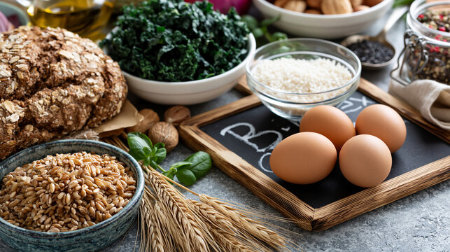 A top view of vitamin b complex foods including whole grains, leafy greens and eggs alongside a small chalkboard, vitamin b complex, natural sources, light background, chalkboard,