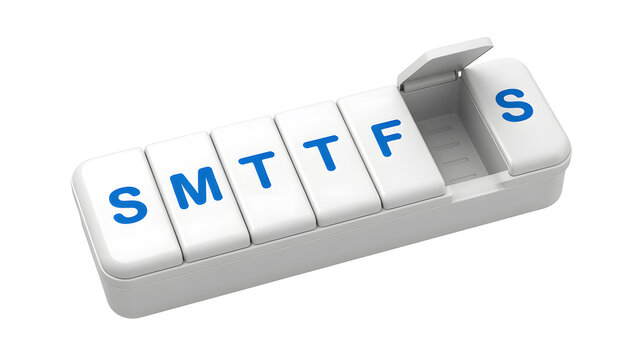 A white pill box with blue letters on a plain background