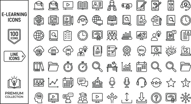 E-learning Line Icons Set for Online Education Digital Study LMS School Academic Training Vector Symbols