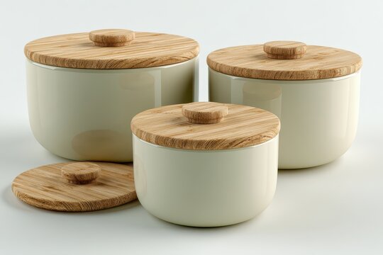 Set of three modern ceramic kitchen canisters with natural wood lids and knobs on a white background