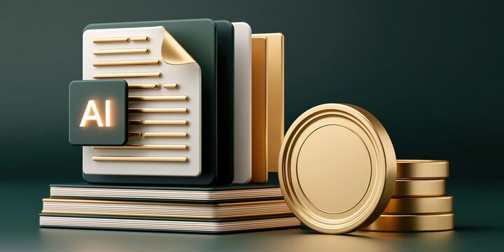 Enterprise ai document stack with glossy gold files and coins illustrating digital finance