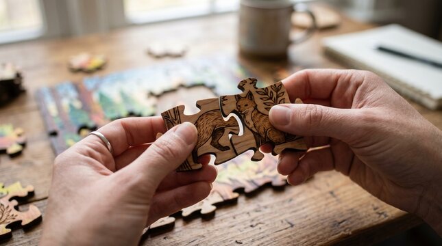 Hands assembling a wooden jigsaw puzzle with forest animal illustration, close-up