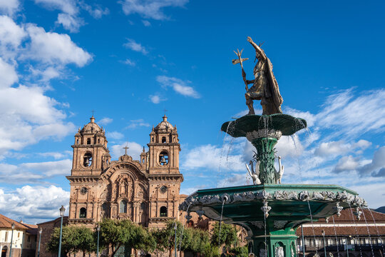 Fountain and Church of the Society of Jesus in Cusco, Peru