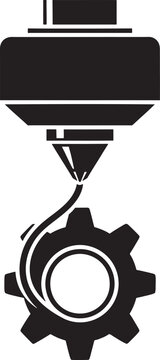 Black 3D printer nozzle printing a gear icon representing industrial manufacturing and technology