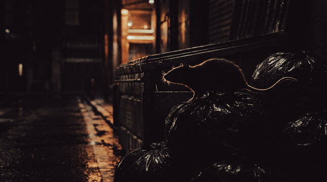 Rat scavenging on garbage bags in a dimly lit alley at night - Concept of Hantavirus Pulmonary Syndrome (HPS)