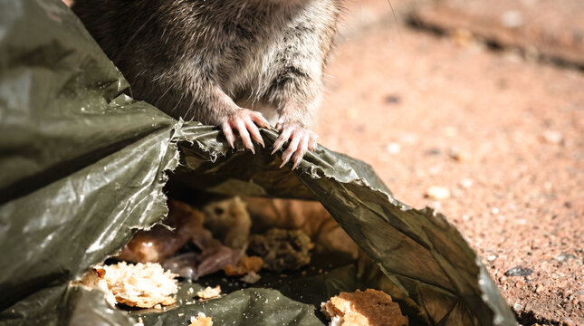 Macro shot of rodent paws gripping torn trash bag edge, concept of Hantavirus Pulmonary Syndrome (HPS)  