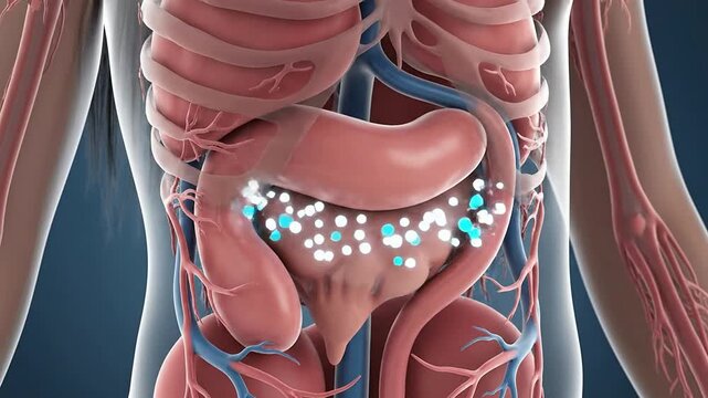 3D Anatomical Illustration of Human Digestive System with Detailed Organs, Internal Structures and Visual Markers for Health and Medical Education