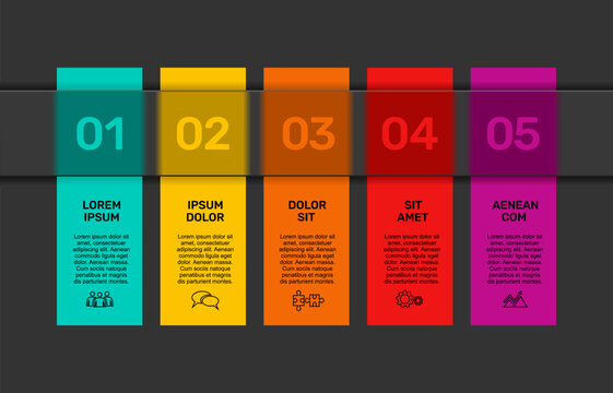 Modern business infographic template with five colorful vertical banners, icons on a dark background. Vector illustration.