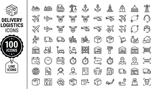 100 Delivery Logistics Icons, Shipping and Transportation Line Icon Set, Supply Chain Management Vector Symbols